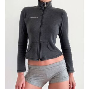 VNTG bebe Zip Jacket S Rhinestone Logo Grey Y2K Coquette Pilates Baddie USA Made
